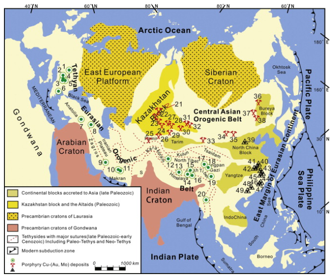 Distribution of porphyry deposits in the Eurasian continent and their corresponding tectonic settings
